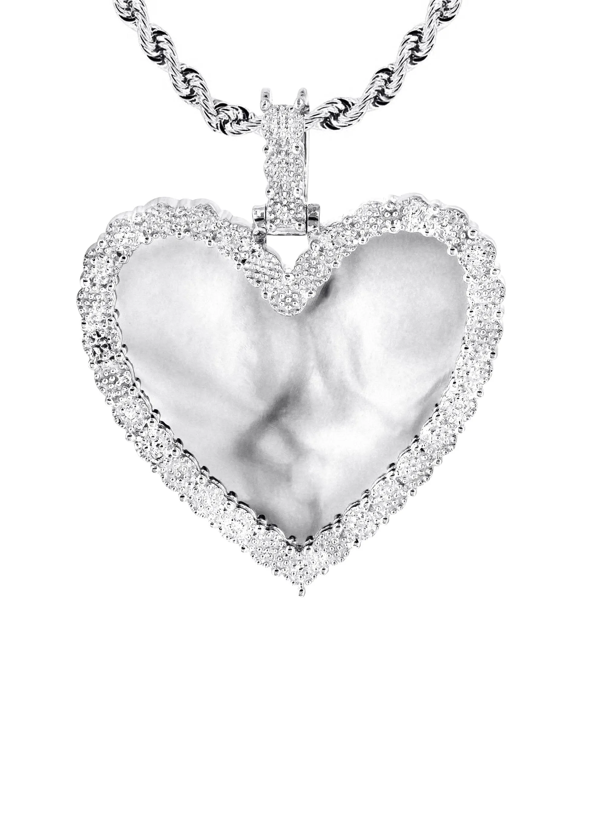 10K White Gold Medium Diamond Heart Picture Pendant Necklace | Appx. 21 Grams