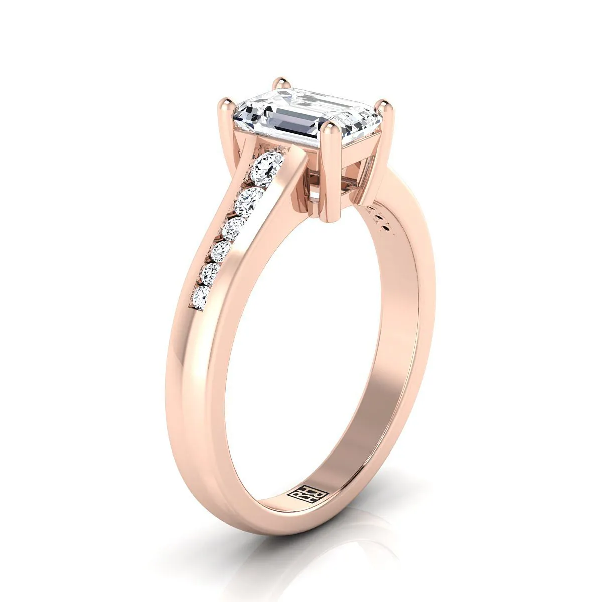 14K Rose Gold Emerald Cut Contemporary Tapered Diamond Channel Engagement Ring -1/6ctw