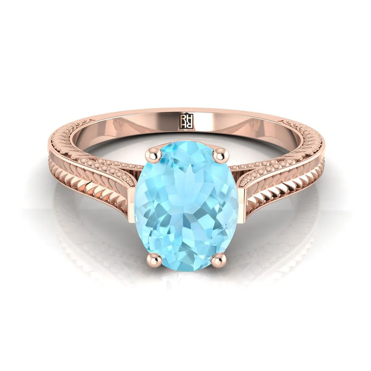 14K Rose Gold Oval Aquamarine Hand Engraved Vintage Cathedral Style Solitaire Engagement Ring