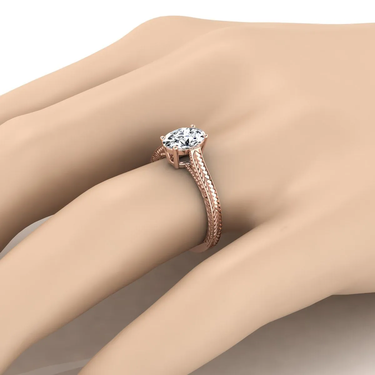 14K Rose Gold Oval Aquamarine Hand Engraved Vintage Cathedral Style Solitaire Engagement Ring