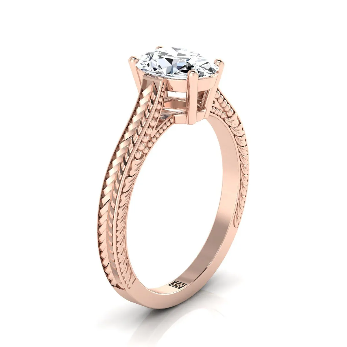 14K Rose Gold Oval Aquamarine Hand Engraved Vintage Cathedral Style Solitaire Engagement Ring