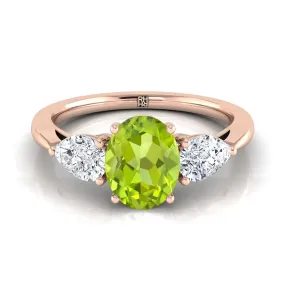 14K Rose Gold Oval Peridot Perfectly Matched Pear Shaped Three Diamond Engagement Ring -7/8ctw