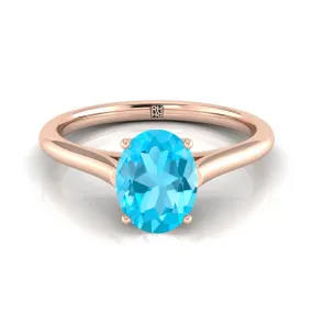 14K Rose Gold Oval Swiss Blue Topaz Cathedral Style Comfort Fit Solitaire Engagement Ring