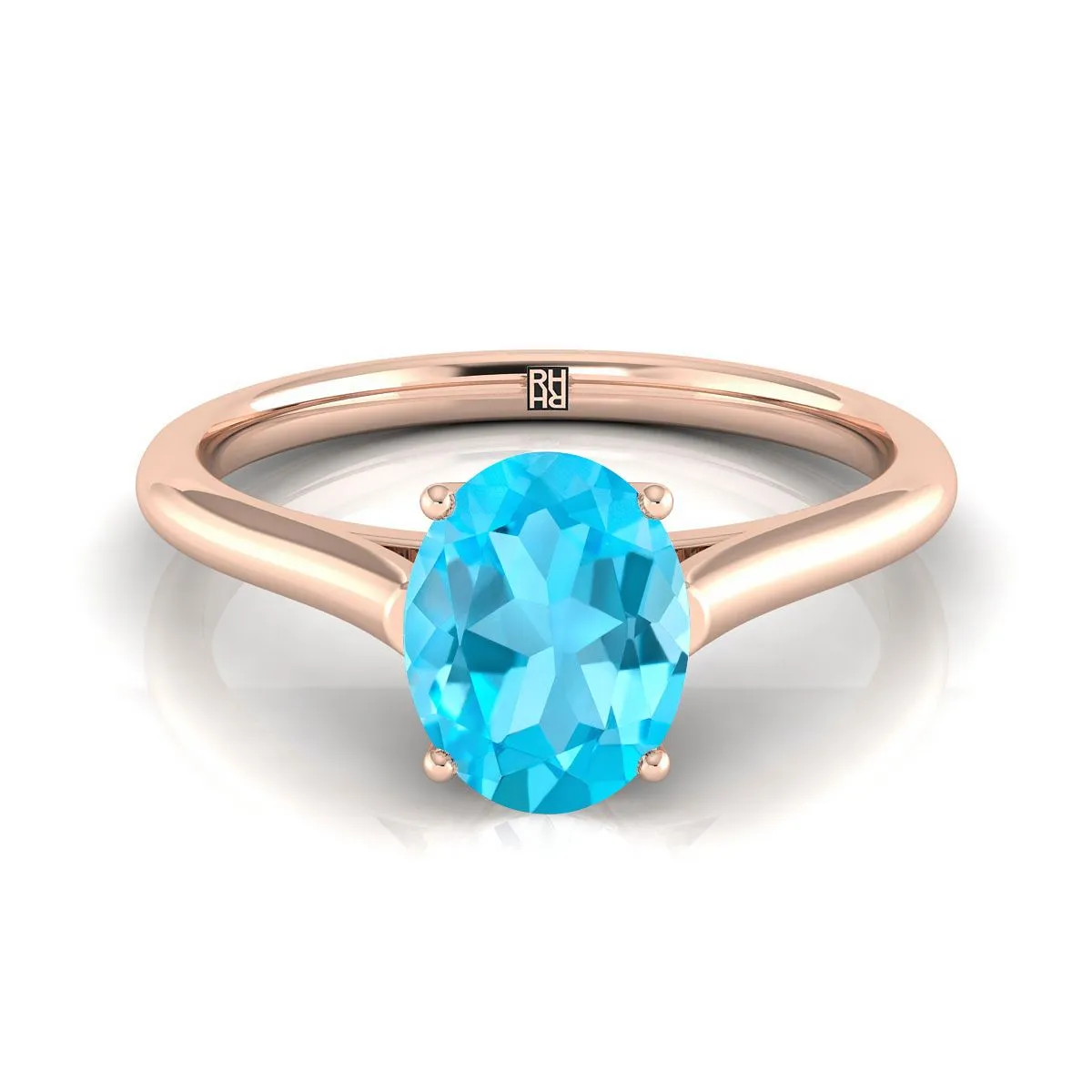 14K Rose Gold Oval Swiss Blue Topaz Cathedral Style Comfort Fit Solitaire Engagement Ring