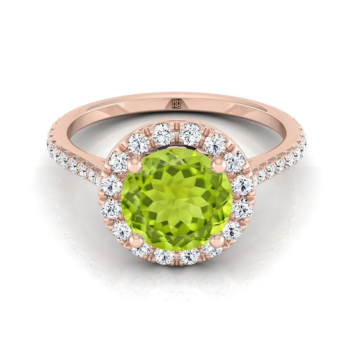 14K Rose Gold Peridot Peridot Halo Diamond Pave Engagement Ring -3/8ctw