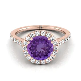 14K Rose Gold Round Brilliant Amethyst Horizontal Fancy East West Diamond Halo Engagement Ring -1/2ctw