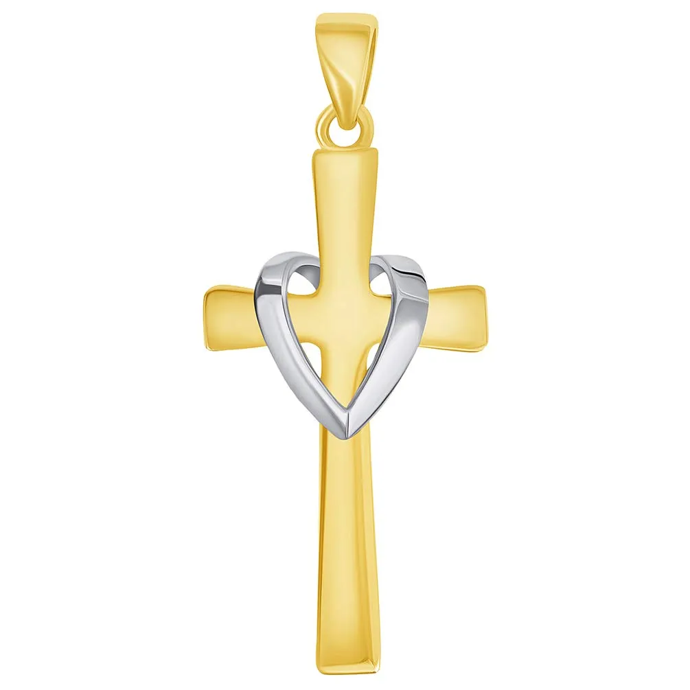 14k Solid Two-Tone Gold Religious Heart Cross Pendant with Cuban Curb Chain Necklace