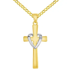 14k Solid Two-Tone Gold Religious Heart Cross Pendant with Cuban Curb Chain Necklace