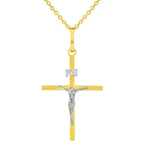 14k Two-Tone Gold Simple Catholic INRI Jesus Crucifix Pendant Necklace