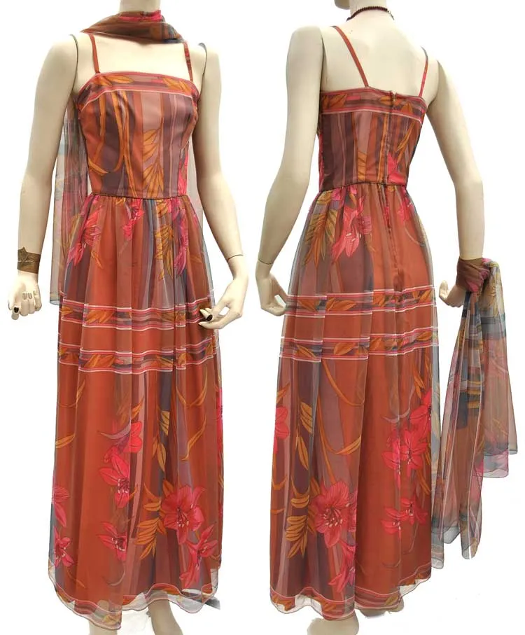 1960s Vintage Marian Russell Chiffon Evening Gown • XS • Psychedelic • Maxi Dress