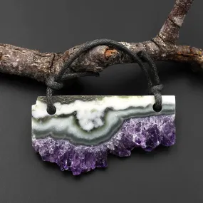 2 Hole Pendant Natural Purple Green Amethyst Stalactite Druzy Pendant Drilled Flat Slice Long Rectangle