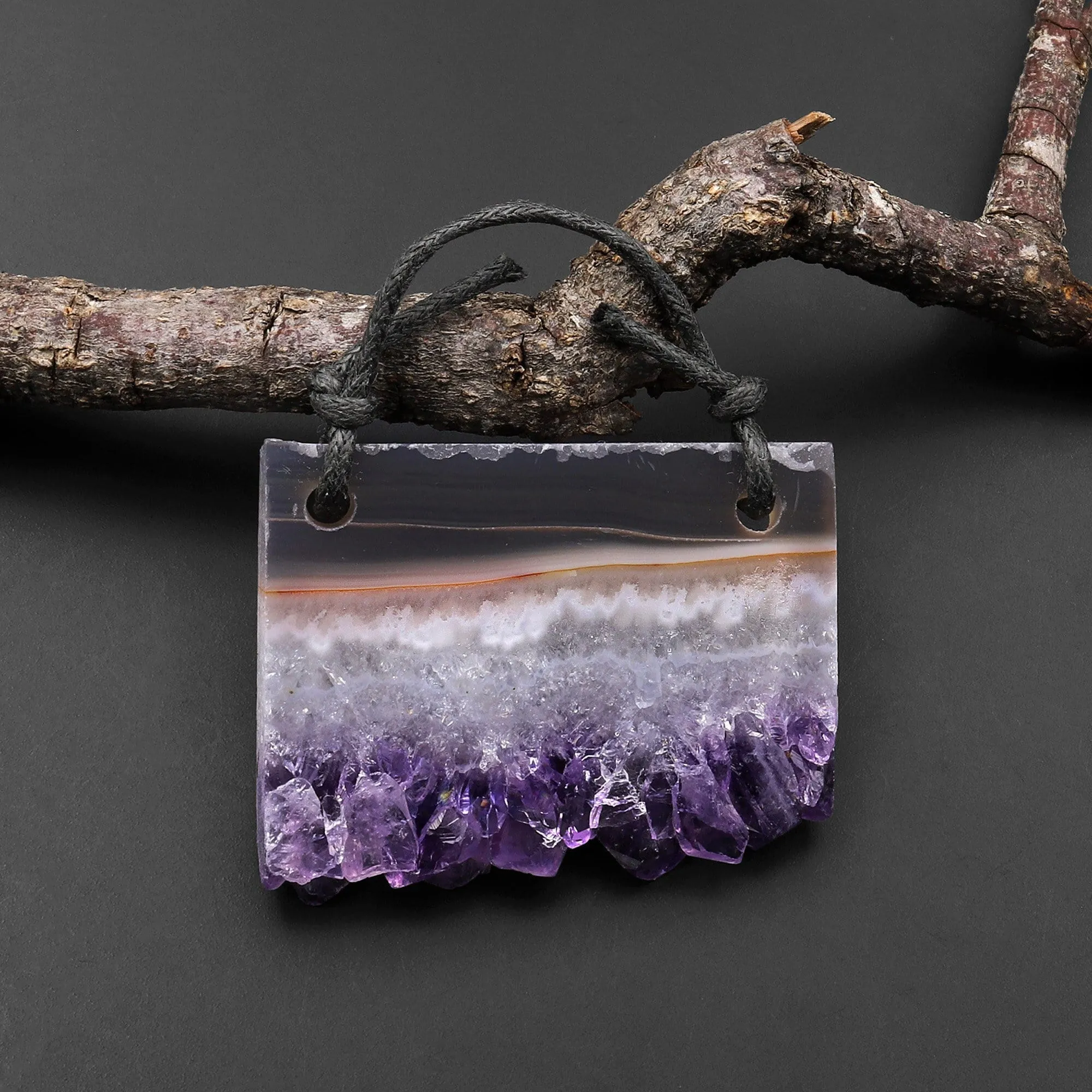 2 Hole Pendant Natural Smoky Quartz White Purple Amethyst Stalactite Druzy Pendant Drilled Flat Slice Rectangle