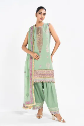 3 Pc Dyed Jacquard Shirt With Chiffon Printed Dupatta