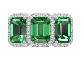 8.5ct Emerald Cut Green Emerald Three Stone Ring