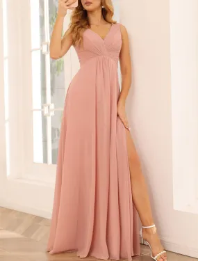 A-Line Bridesmaid Dress V Neck Sleeveless Pink Floor Length Chiffon with Split Front / Ruching