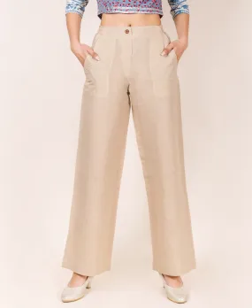 Beige Linen Solid Pants