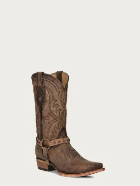 C4025 - MEN'S EMBROIDERY BROWN SNIP TOE COWBOY BOOT WITH REMOVABLE HARNESS