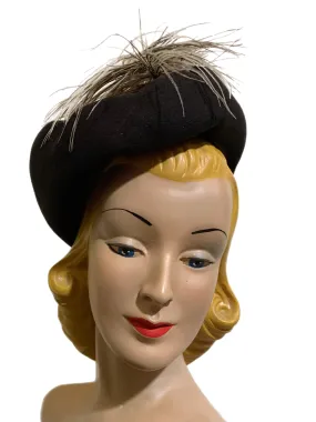 Chocolate Brown Sculpted Hat with Curled Feather Plume circa 1940s