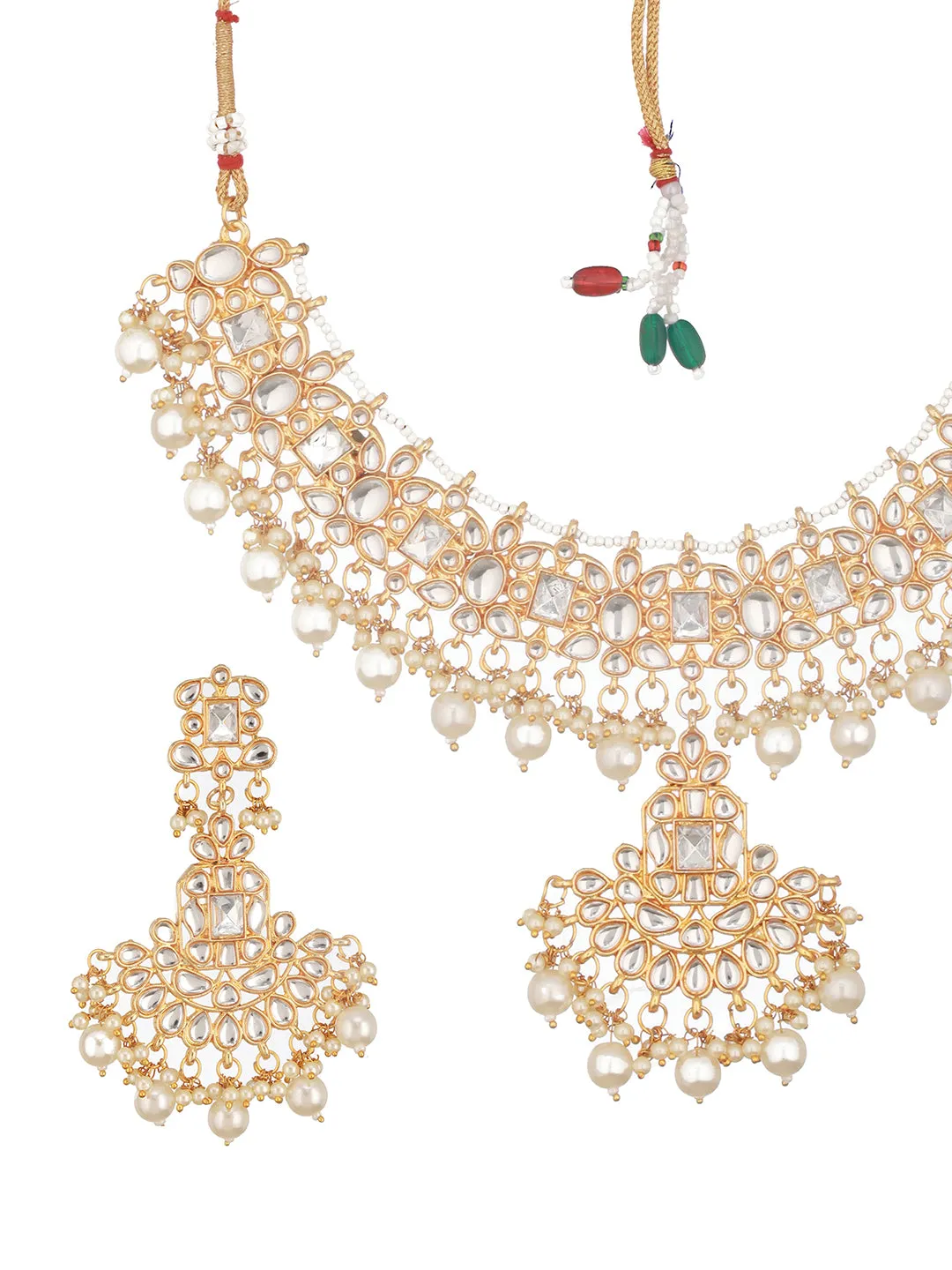 Gold Plated Kundan Studded & Faux Pearl Beaded Choker Jewellery Set With Maangtikka