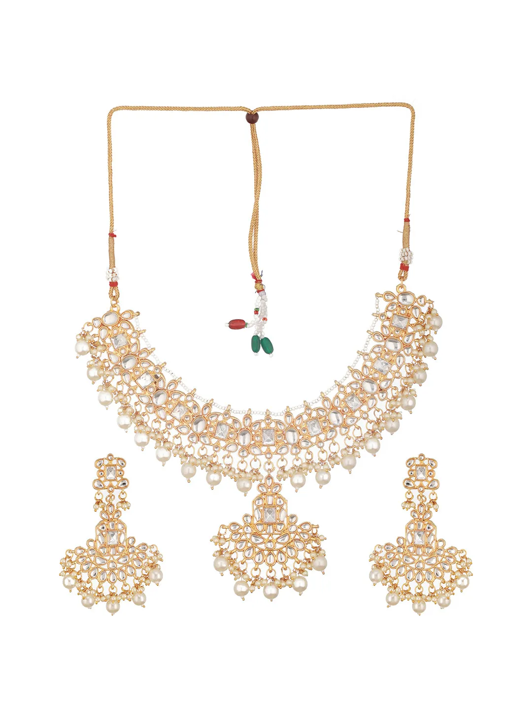 Gold Plated Kundan Studded & Faux Pearl Beaded Choker Jewellery Set With Maangtikka