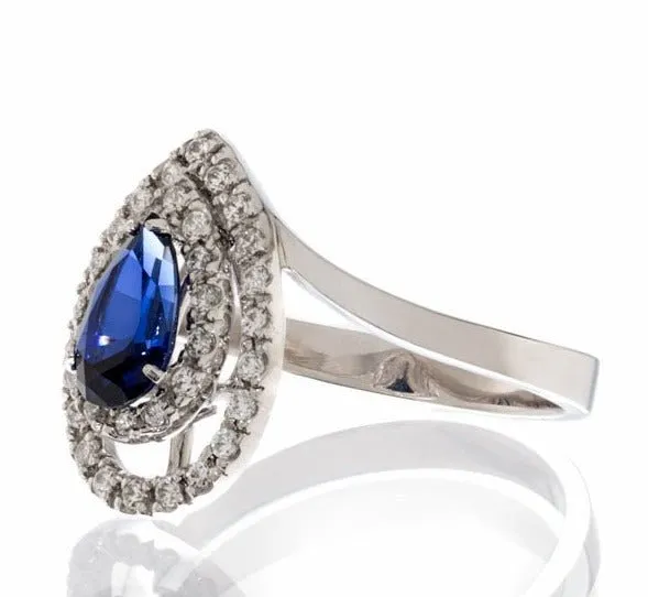 Imitation Sapphire and Cubic Zirconia Pear Cut Double Halo Engagement Ring In Sterling Silver