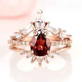 Natural Garnet 3pcs Ring Set- 14K Rose Gold Vermeil