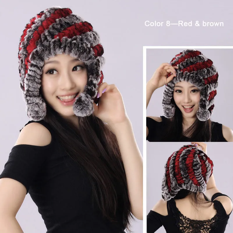 Winter Hat Women Knitted Real REX Rabbit Fur Hat Beanie Fur Bomber Cap Earmuff Pompom Decoration Winter Hat Ladies Hats FS14609